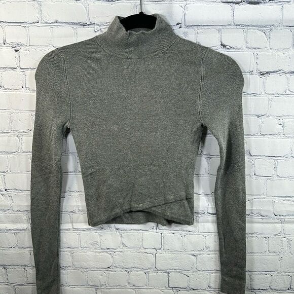 🐢 Express Cropped Turtleneck Sweater - Ribbed Gray, Size XS - Picture 1 of 4